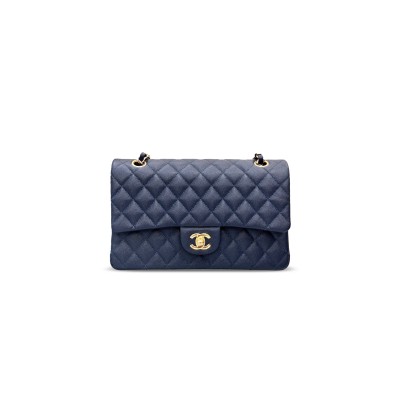 CHANEL QUILTED CAVIAR MEDIUM DOUBLE CLASSIC FLAP NAVY BLUE (25*16*6cm)